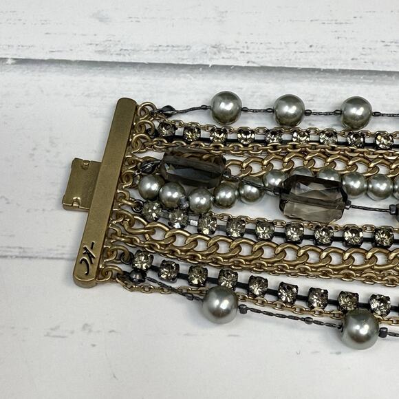 KC Kenneth Cole Multistrand Gray Smokey Clear Bead Bracelet Gold Tone Boho 7 In - Picture 2 of 6